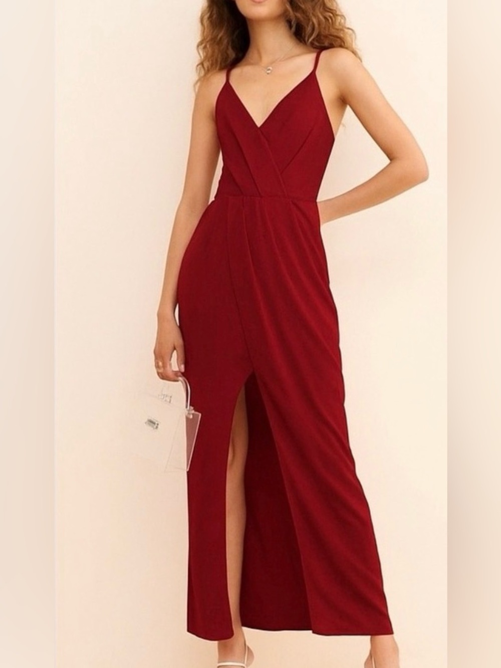NWT Harlyn Women’s Nordstrom Elegant Burgundy Maxi Dress V-Neck Front Slit Gown